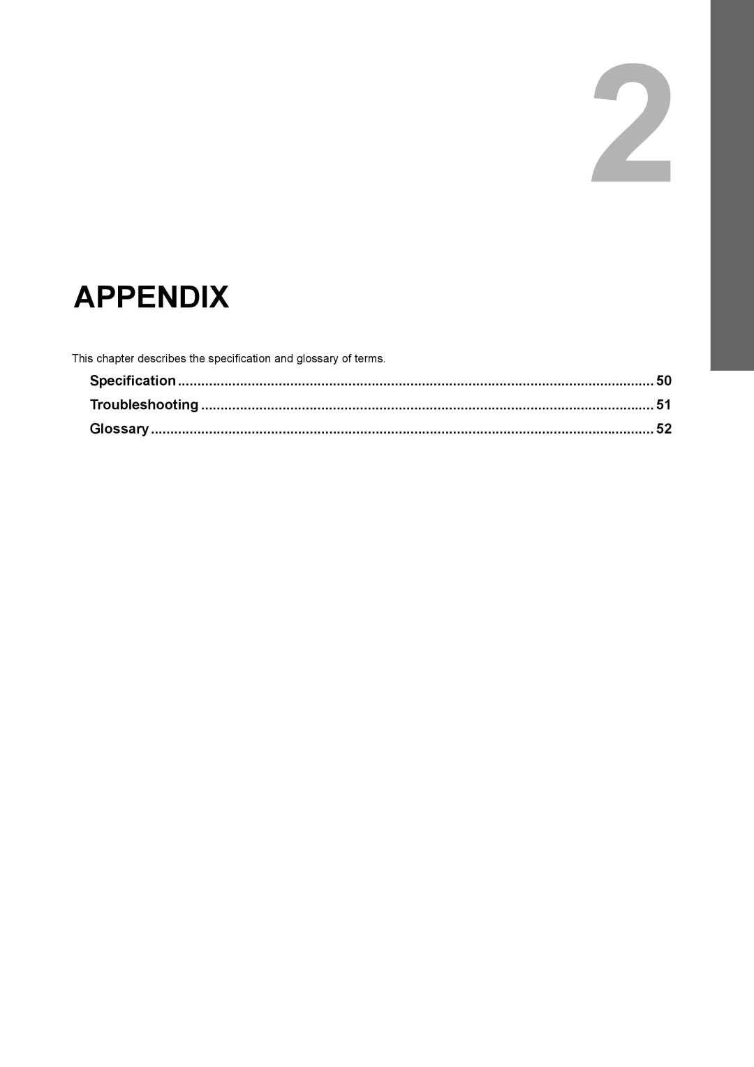 Toshiba GN-1050 manual Appendix, Specification Troubleshooting Glossary 