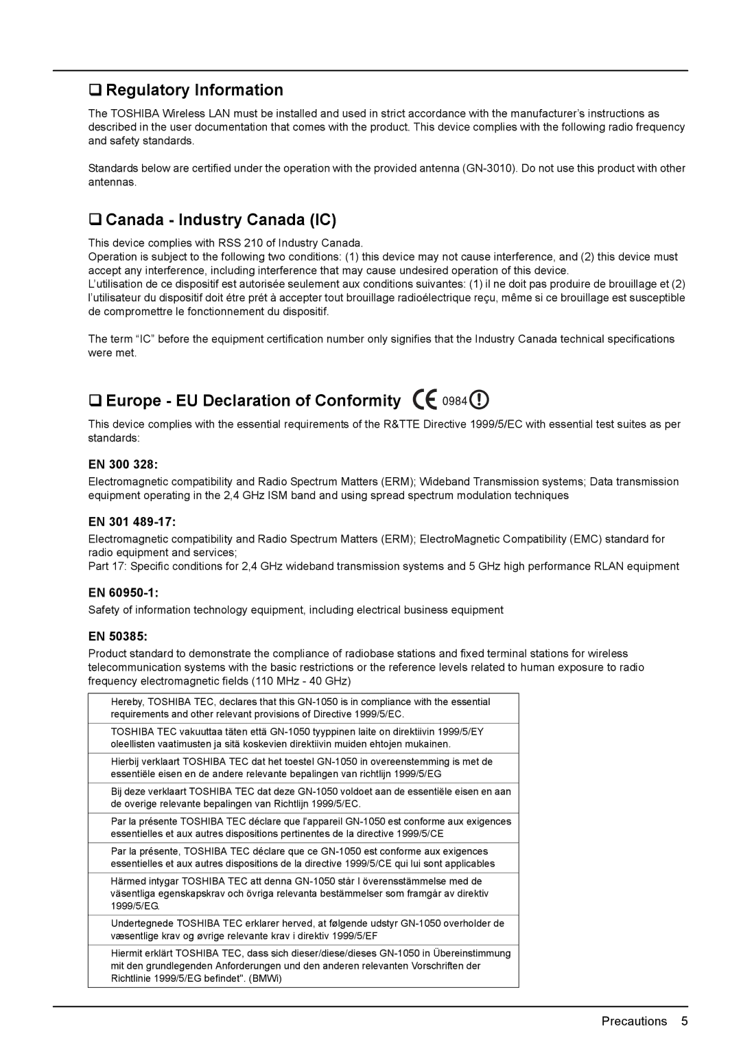 Toshiba GN-1050 manual ‰ Regulatory Information, ‰ Canada Industry Canada IC, ‰ Europe EU Declaration of Conformity 