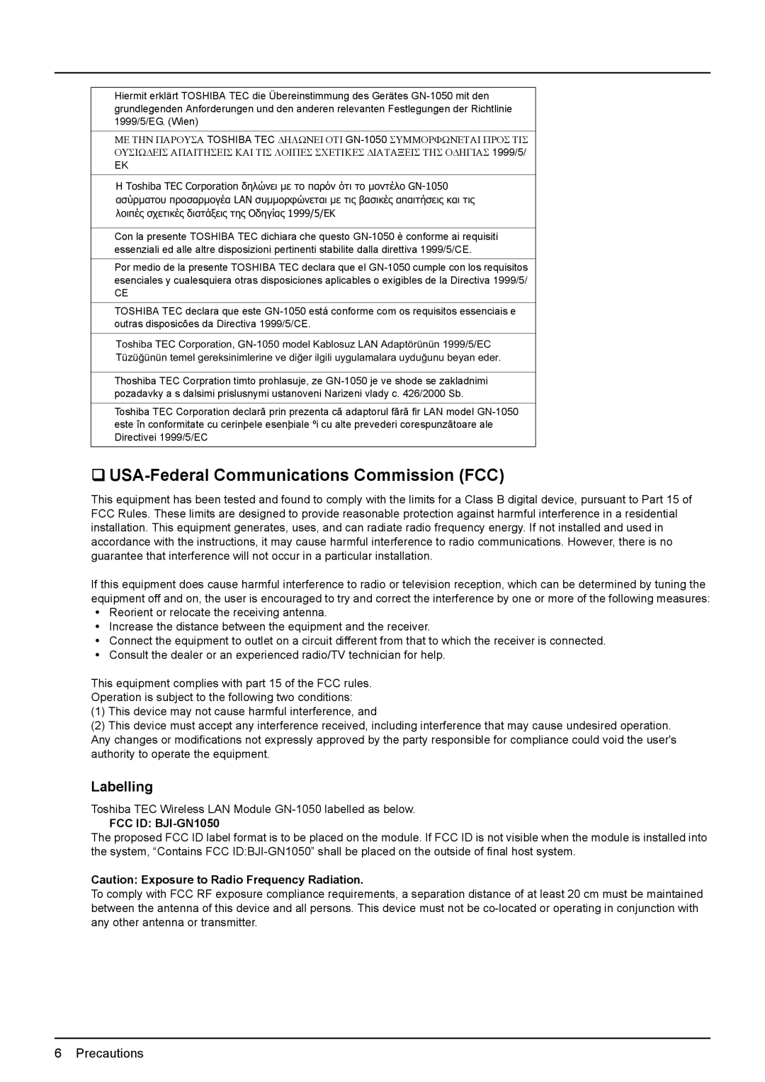 Toshiba GN-1050 manual ‰ USA-Federal Communications Commission FCC, Labelling 