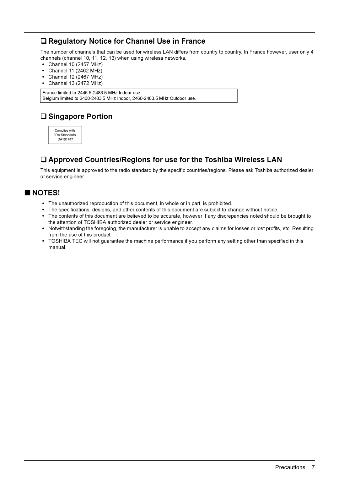 Toshiba GN-1050 manual ‰ Regulatory Notice for Channel Use in France, „ Notes 