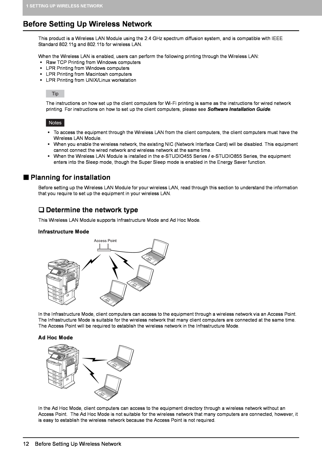 Toshiba GN-1050 manual Before Setting Up Wireless Network, „ Planning for installation, ‰ Determine the network type 
