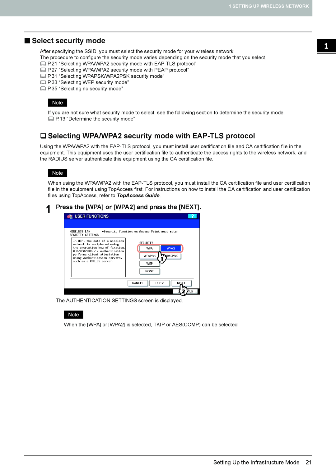 Toshiba GN-1050 manual „ Select security mode, ‰ Selecting WPA/WPA2 security mode with EAP-TLS protocol 