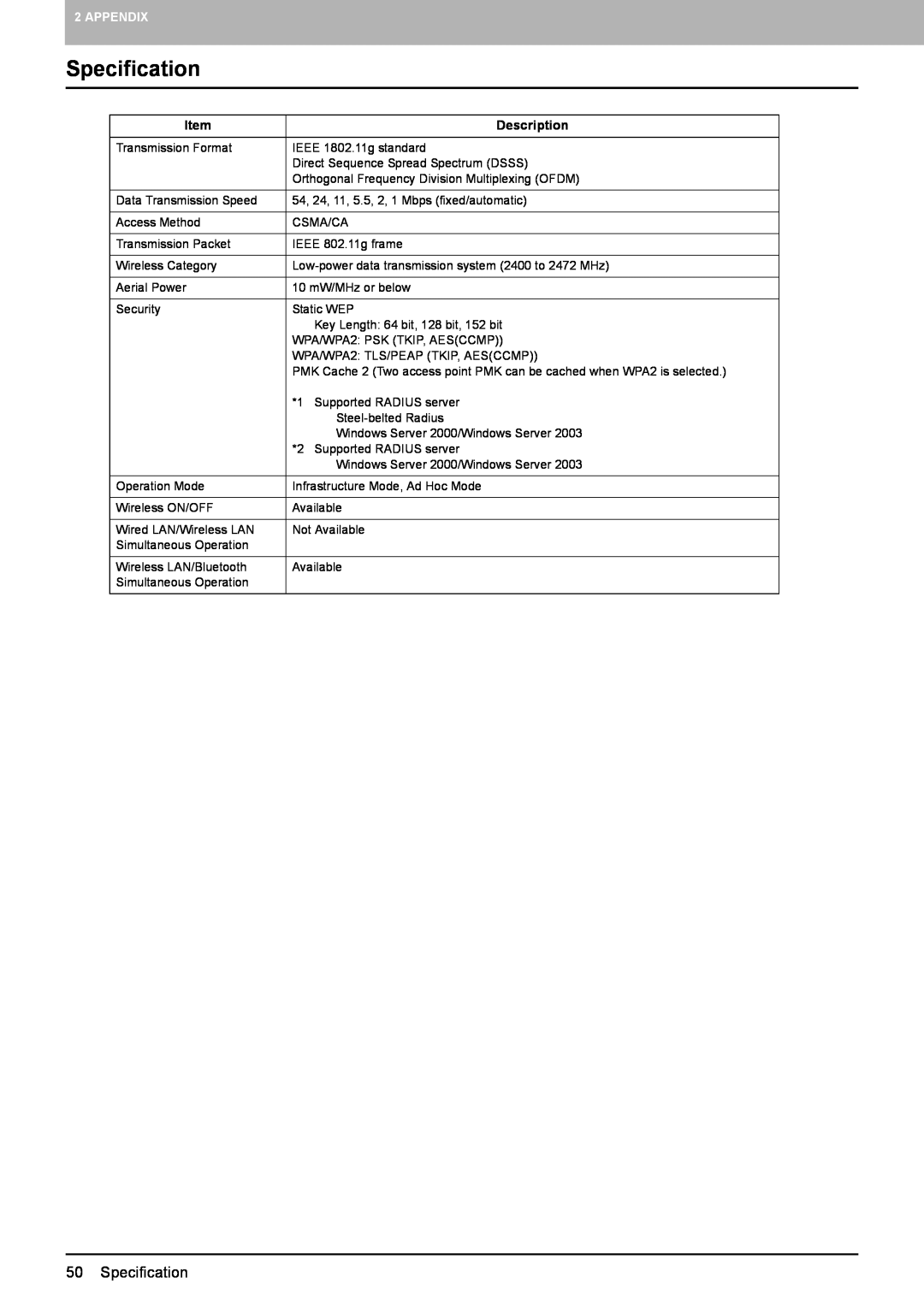 Toshiba GN-1050 manual Specification, Appendix, Description 