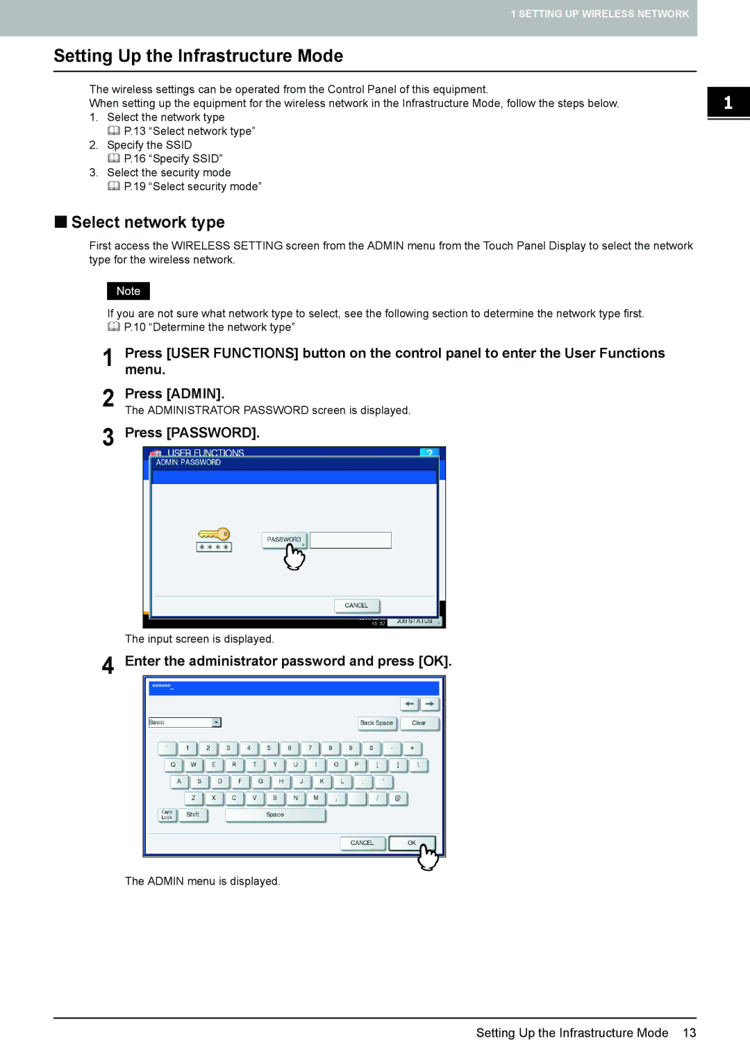 Toshiba GN-1060 manual Setting Up the Infrastructure Mode, „ Select network type, Press Password 