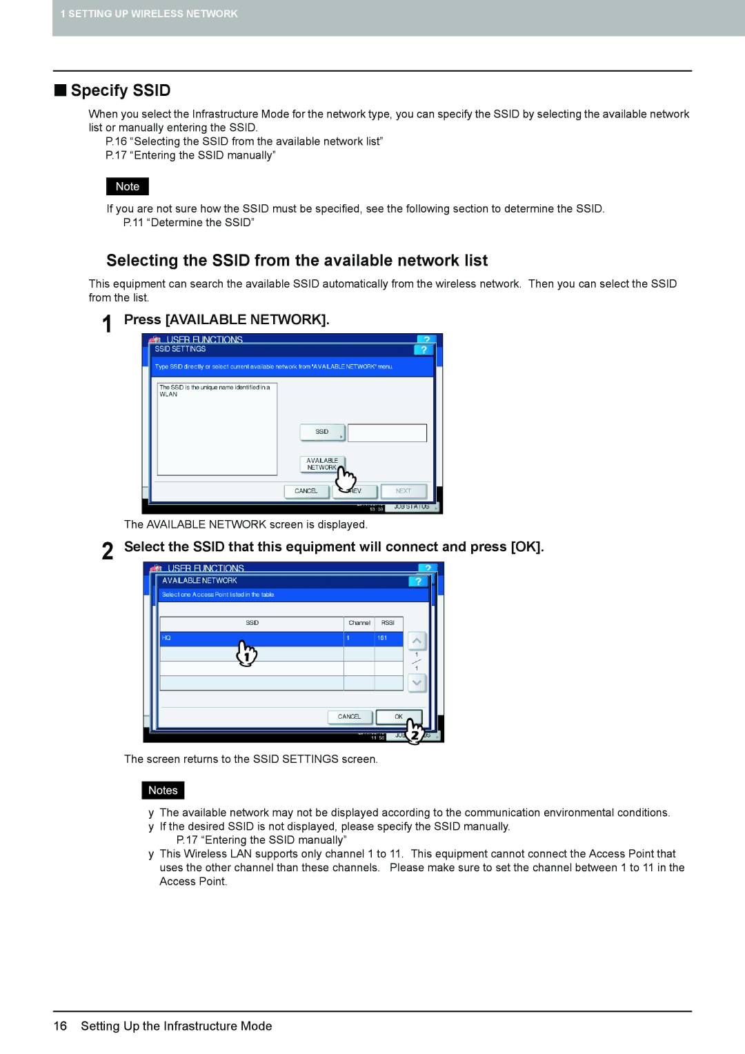 Toshiba GN-1060 manual „ Specify Ssid, ‰ Selecting the Ssid from the available network list, Press Available Network 