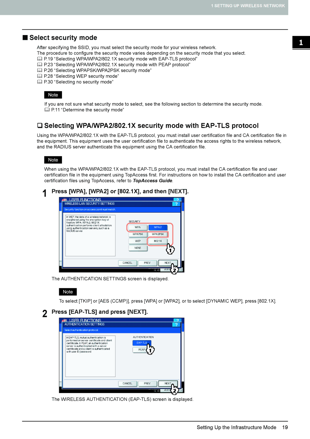 Toshiba GN-1060 manual „ Select security mode, Press WPA, WPA2 or 802.1X, and then Next, Press EAP-TLS and press Next 