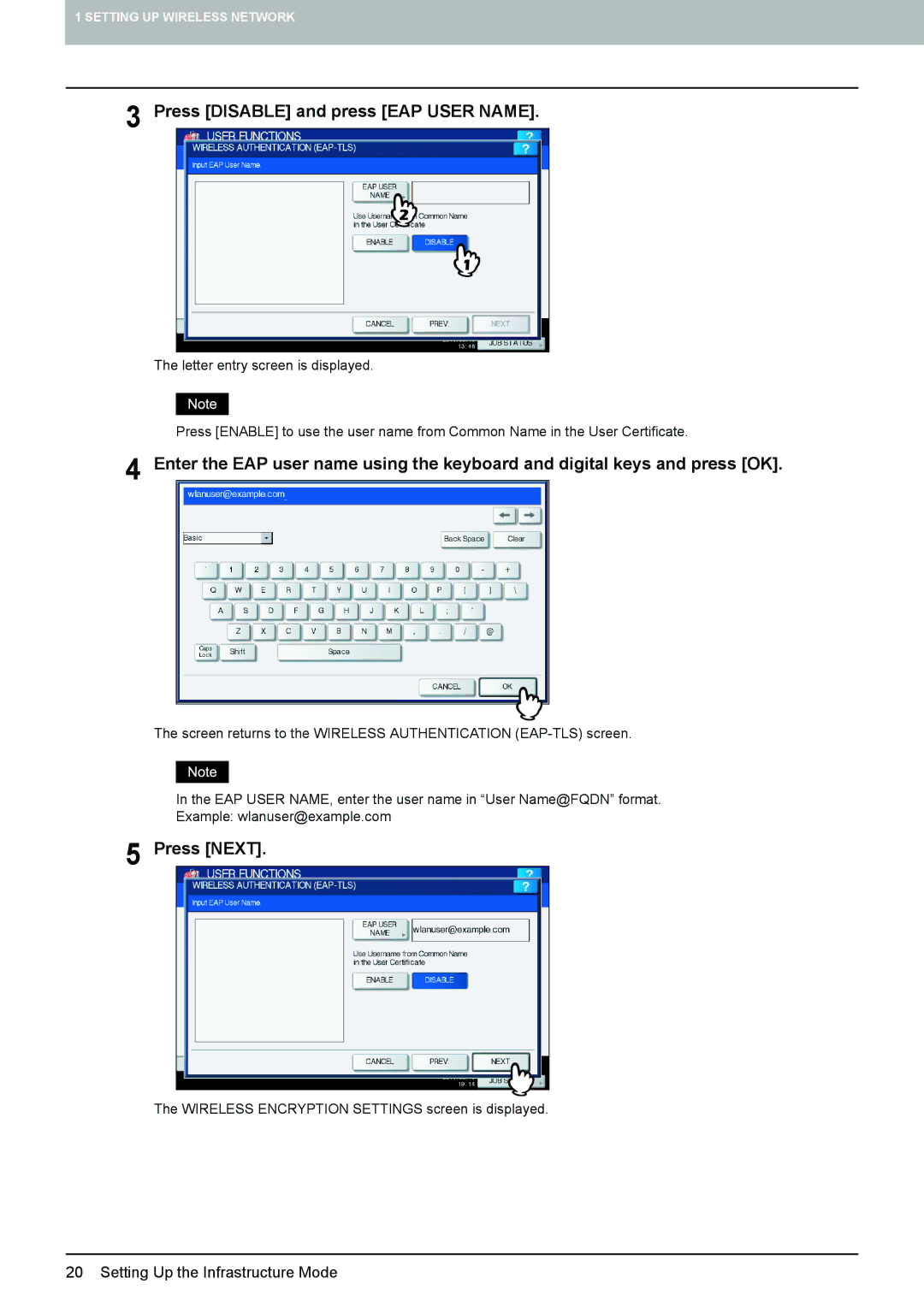 Toshiba GN-1060 manual Press Disable and press EAP User Name, Press Next 