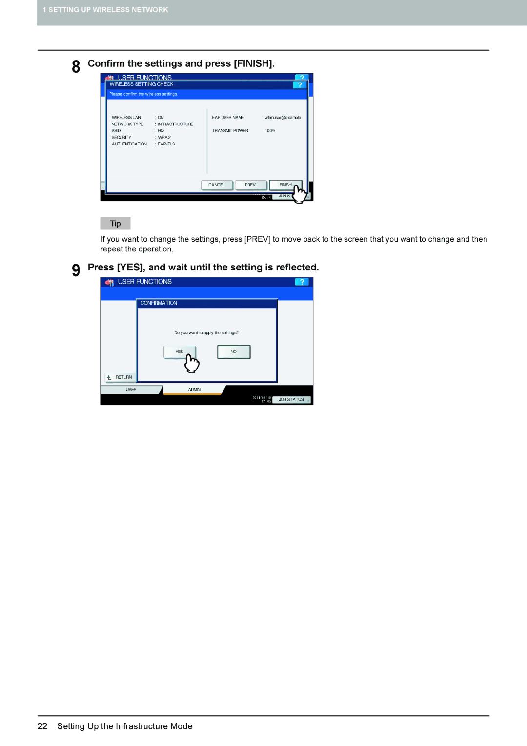 Toshiba GN-1060 manual Confirm the settings and press Finish, Press YES, and wait until the setting is reflected 