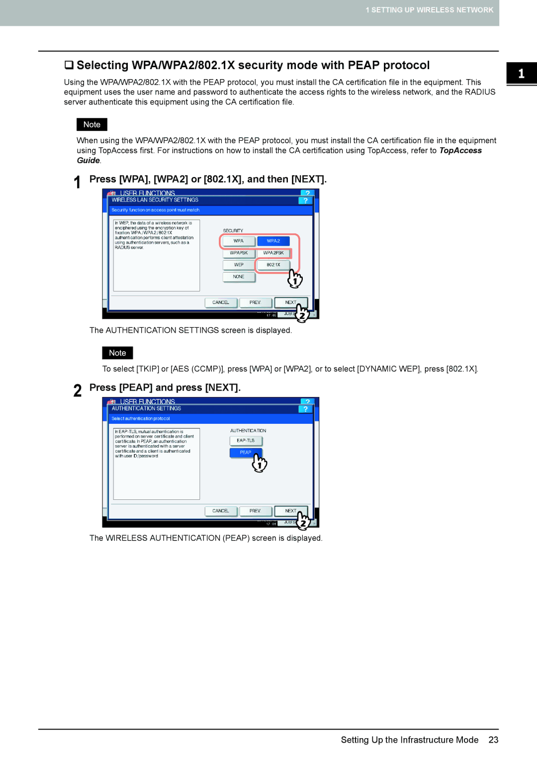 Toshiba GN-1060 manual ‰ Selecting WPA/WPA2/802.1X security mode with Peap protocol, Press Peap and press Next 