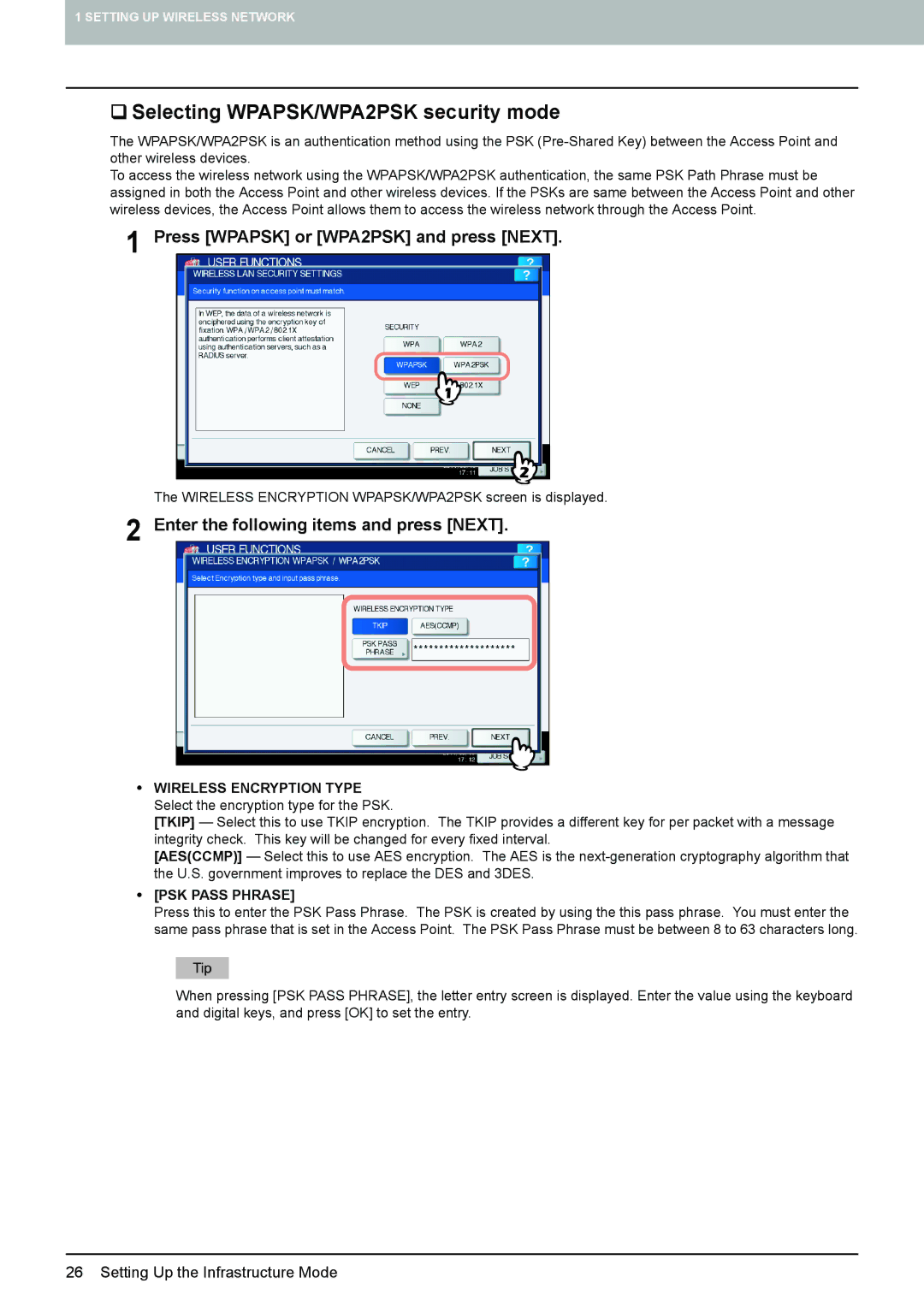 Toshiba GN-1060 manual ‰ Selecting WPAPSK/WPA2PSK security mode, Press Wpapsk or WPA2PSK and press Next 