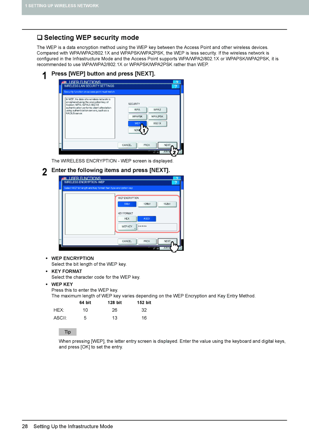 Toshiba GN-1060 manual ‰ Selecting WEP security mode, Press WEP button and press Next 