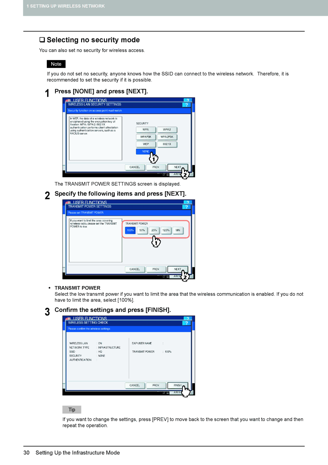 Toshiba GN-1060 manual ‰ Selecting no security mode, Press None and press Next 