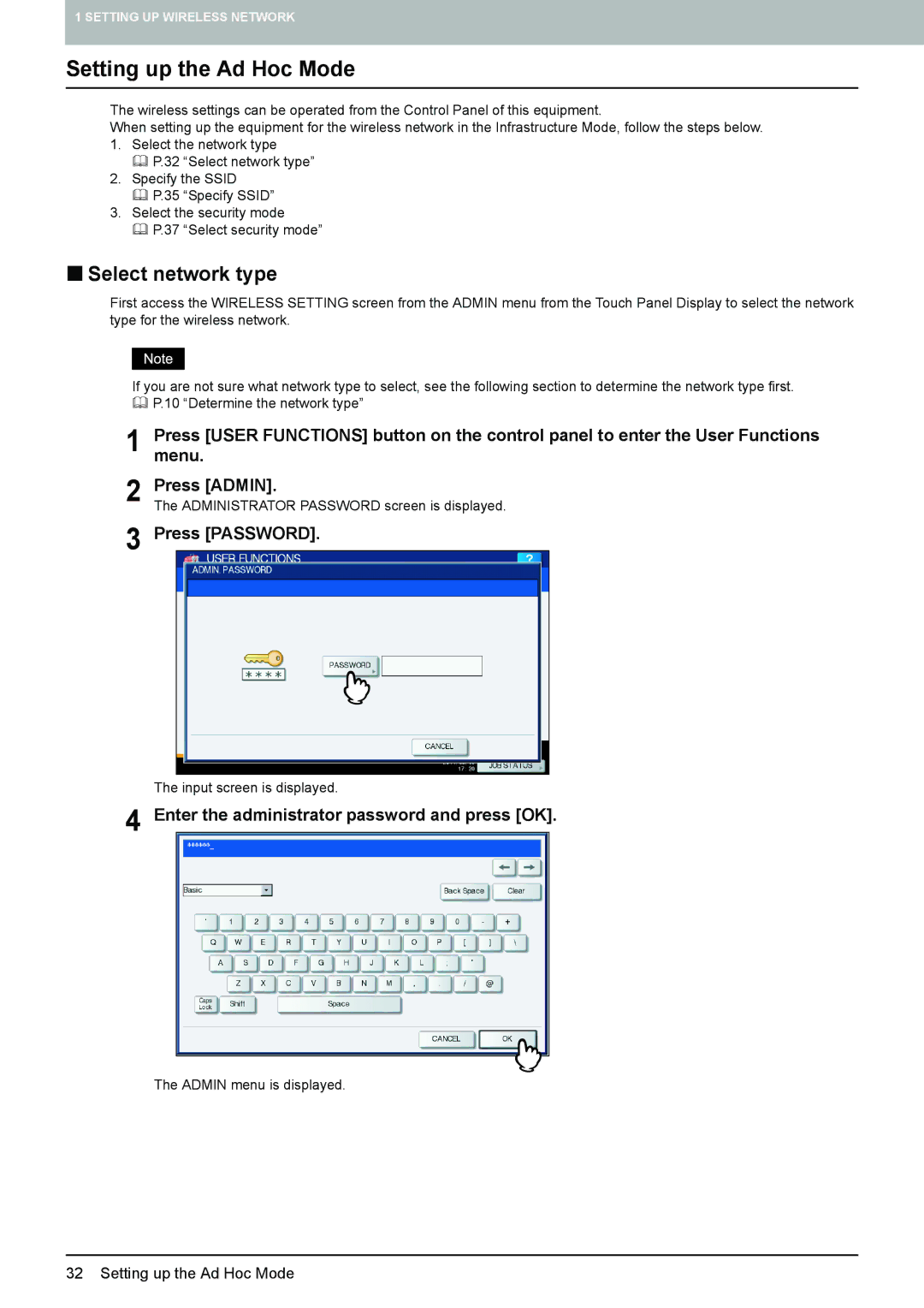 Toshiba GN-1060 manual Setting up the Ad Hoc Mode, „ Select network type 