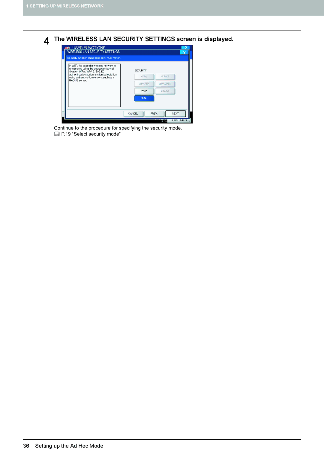 Toshiba GN-1060 manual Wireless LAN Security Settings screen is displayed 