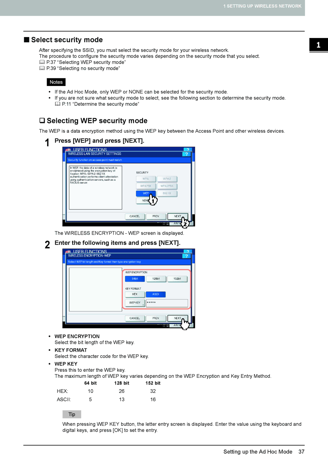 Toshiba GN-1060 manual „ Select security mode, Press WEP and press Next 