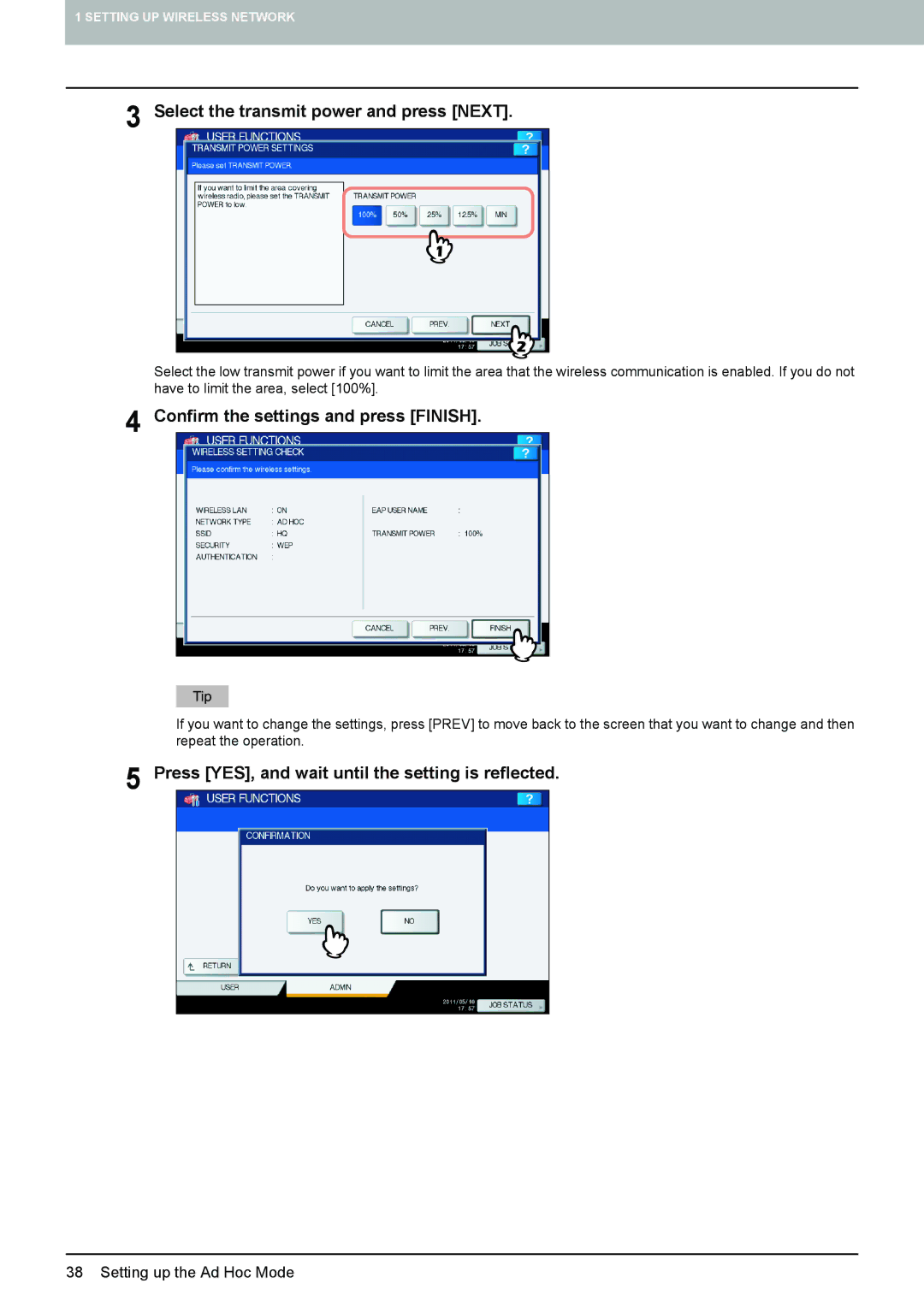 Toshiba GN-1060 manual Select the transmit power and press Next, Confirm the settings and press Finish 