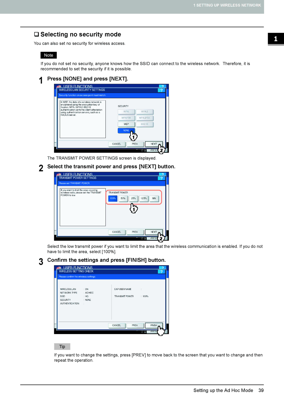 Toshiba GN-1060 manual Select the transmit power and press Next button, Confirm the settings and press Finish button 