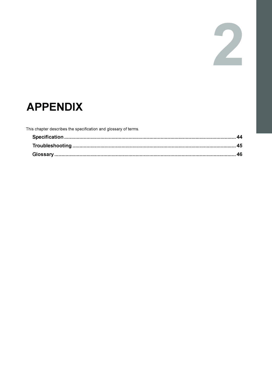 Toshiba GN-1060 manual Appendix, Specification Troubleshooting Glossary 