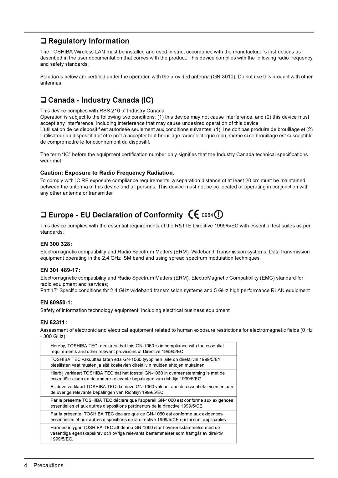 Toshiba GN-1060 manual ‰ Regulatory Information, ‰ Canada Industry Canada IC, ‰ Europe EU Declaration of Conformity, EN 300 