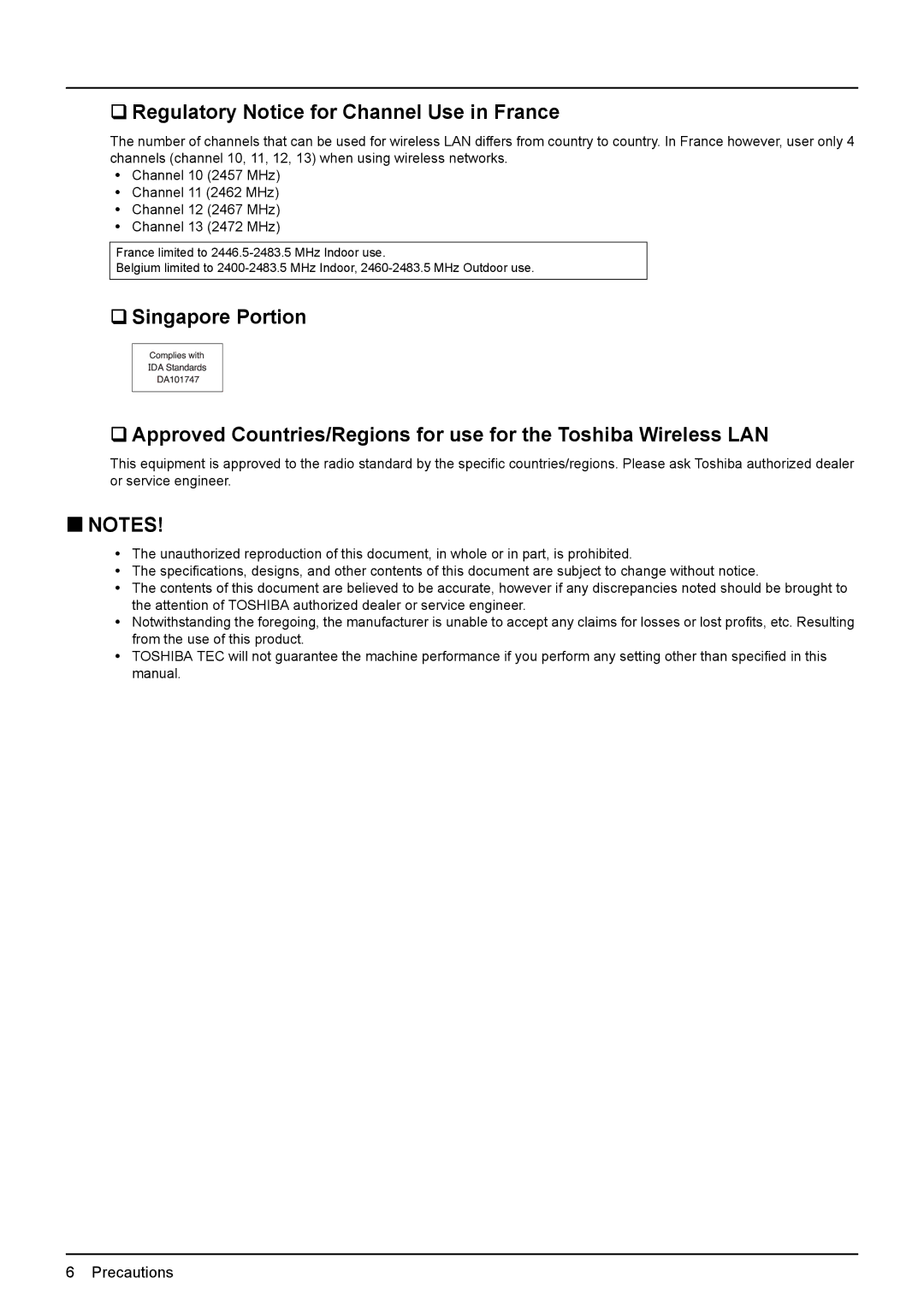 Toshiba GN-1060 manual ‰ Regulatory Notice for Channel Use in France, „ Notes 