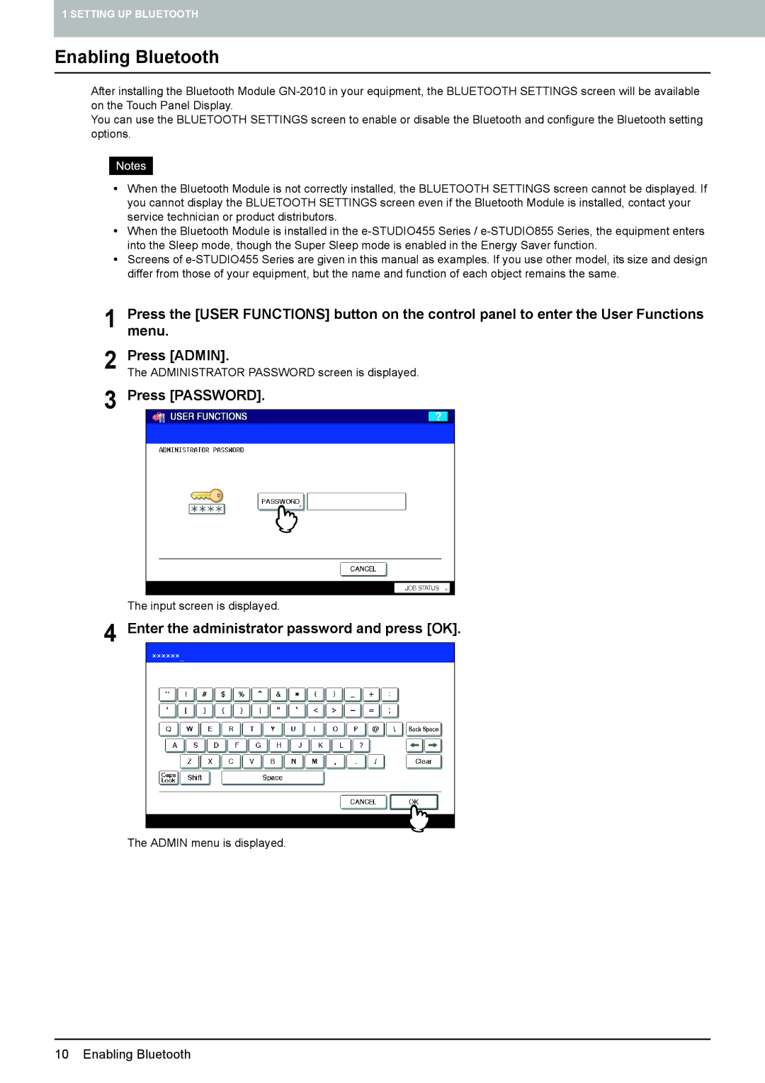 Toshiba GN-2010 manual Enabling Bluetooth, Press Password, Enter the administrator password and press OK 