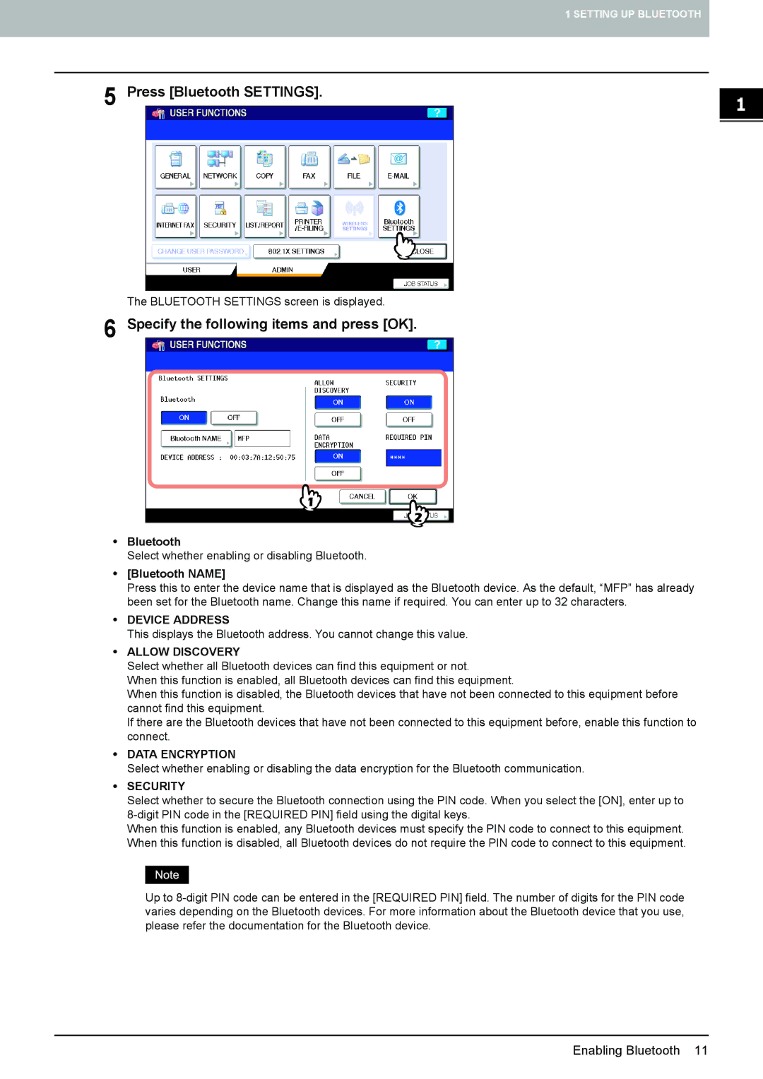 Toshiba GN-2010 manual Press Bluetooth Settings, Specify the following items and press OK 