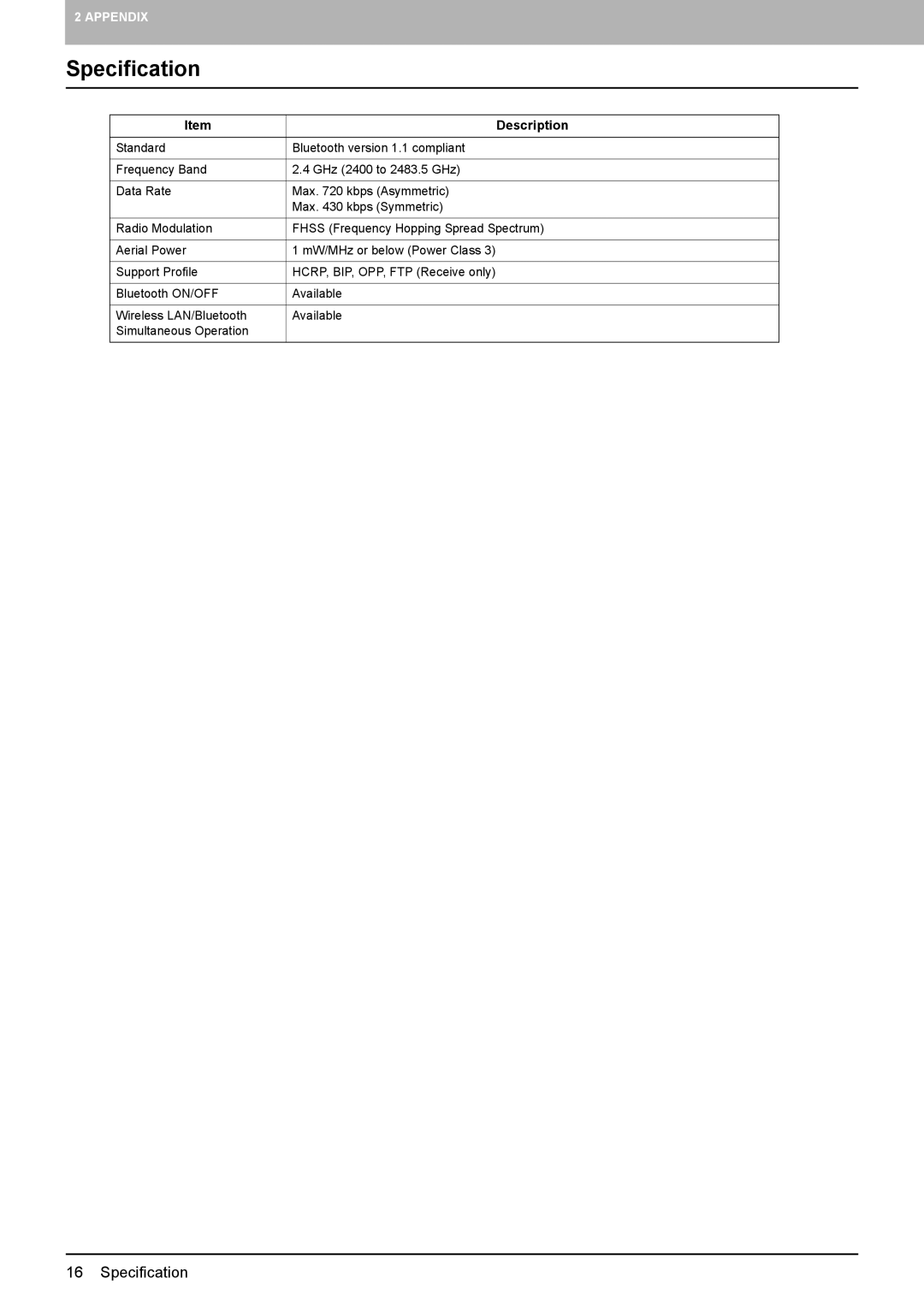 Toshiba GN-2010 manual Specification, Description 