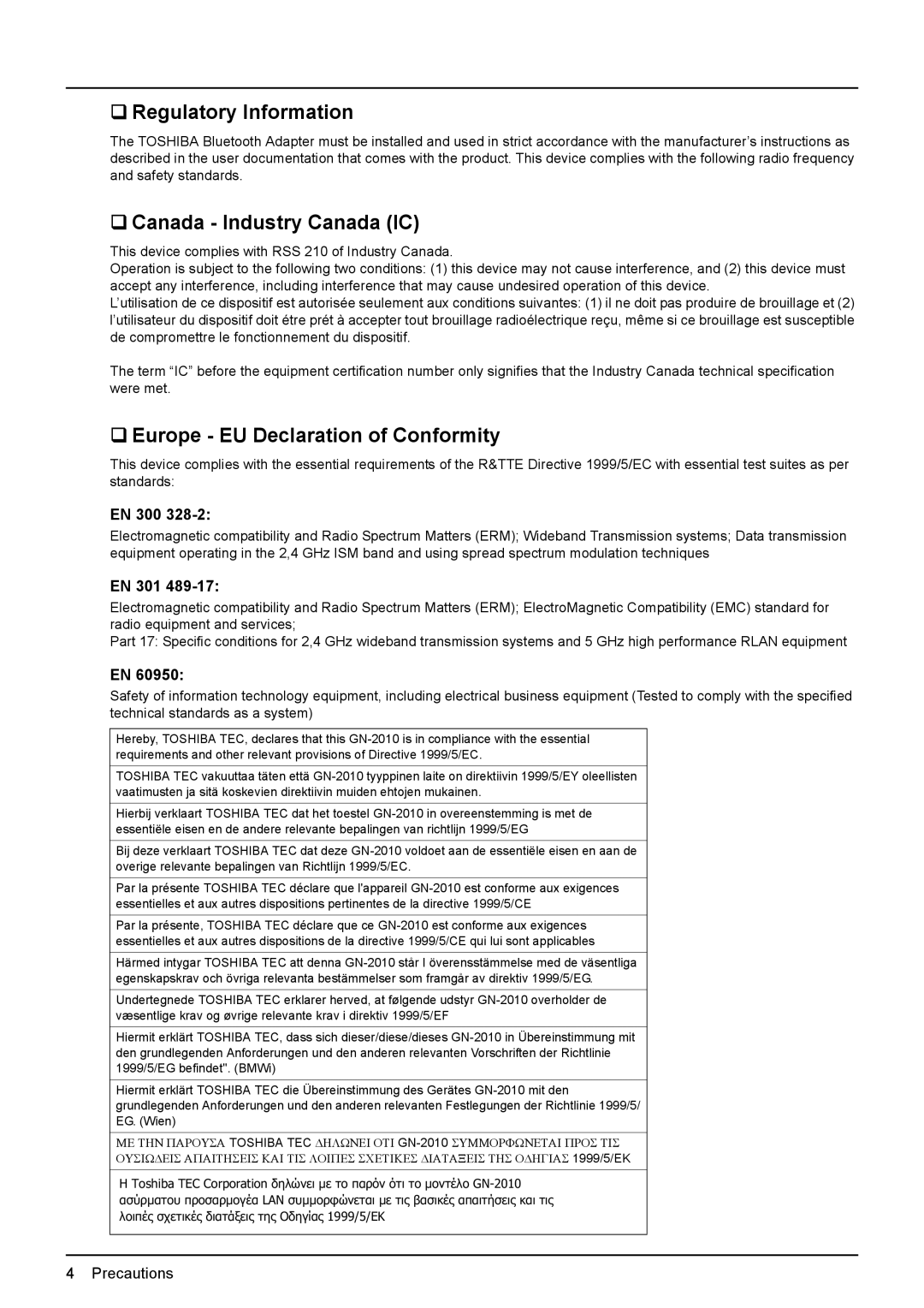 Toshiba GN-2010 manual ‰ Regulatory Information, ‰ Canada Industry Canada IC, ‰ Europe EU Declaration of Conformity 