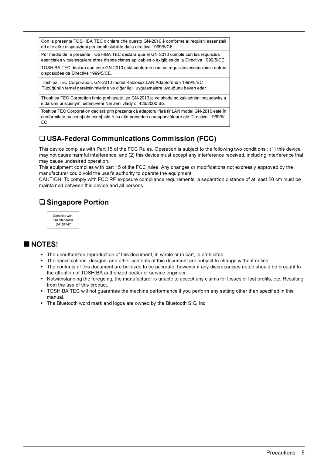 Toshiba GN-2010 manual ‰ USA-Federal Communications Commission FCC, ‰ Singapore Portion 