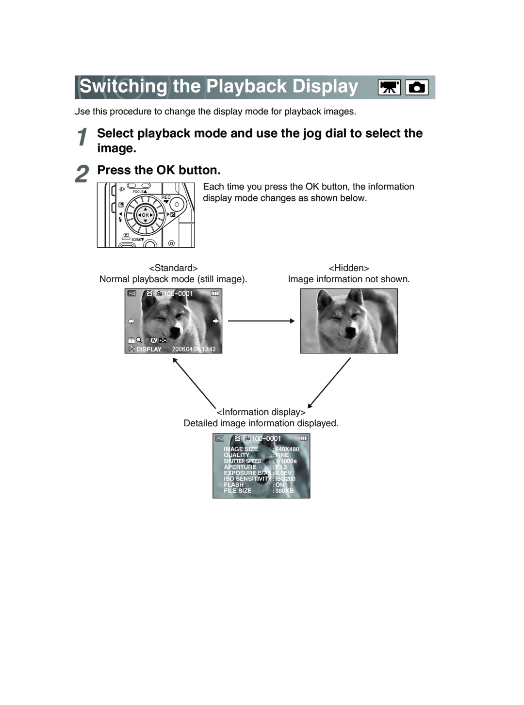 Toshiba GSC-R30 owner manual Switching the Playback Display, Selectimage.playback mode and use the jog dial to select 