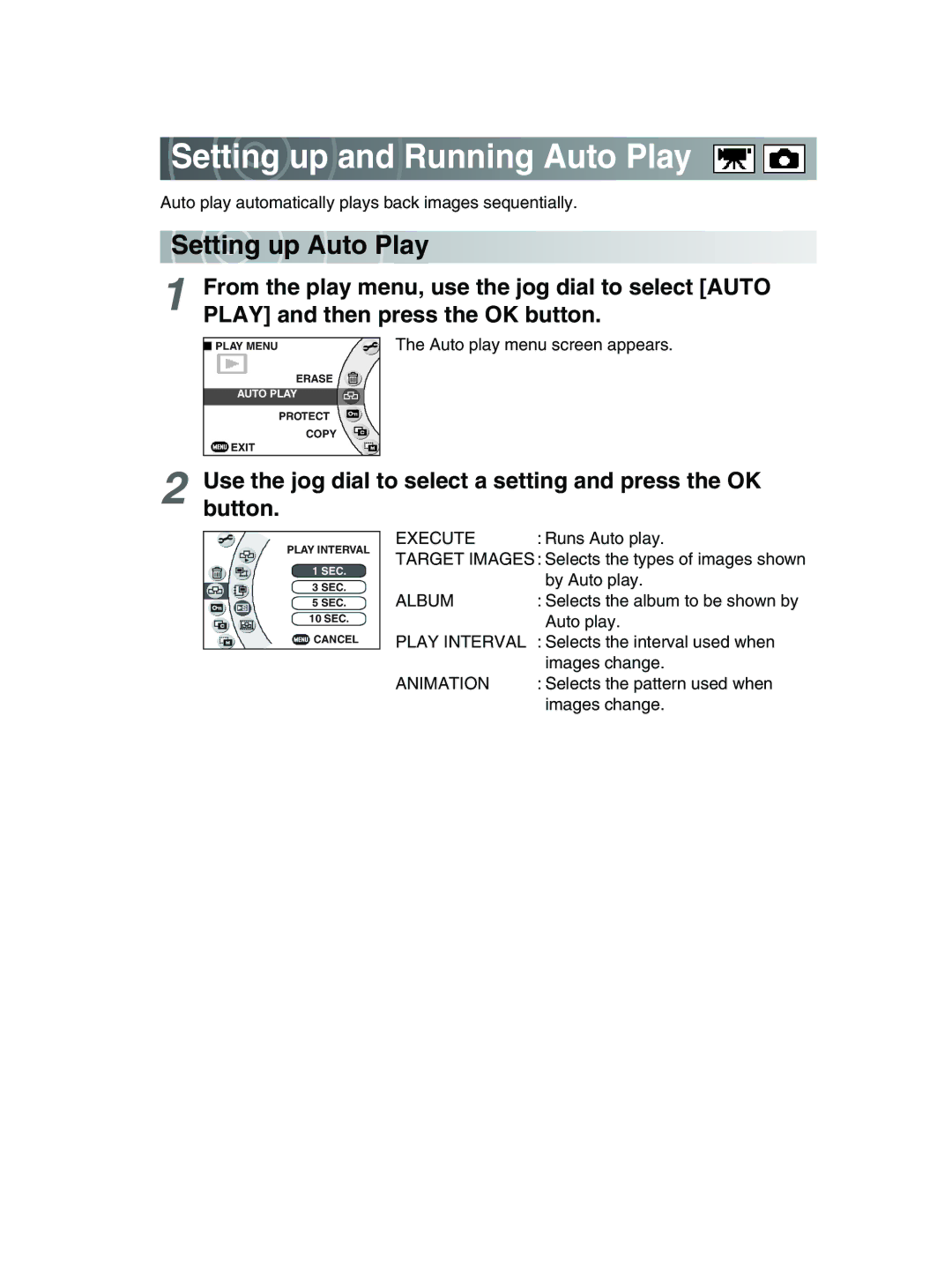 Toshiba GSC-R30 owner manual Setting up and Running Auto Play, Se ttin g up a uto Play, Play Interval, Animation 