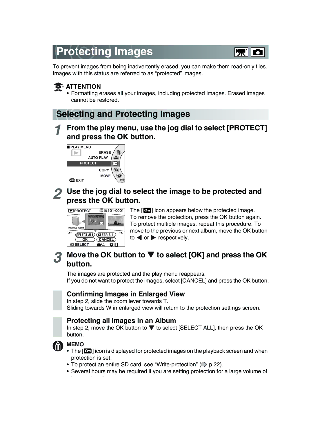 Toshiba GSC-R30 Selecting an d Protecting Images, Move the OK button to to select OK and press the OK button 