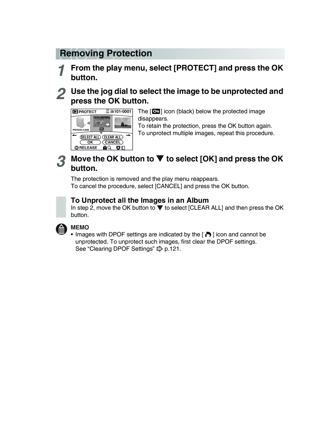 Toshiba GSC-R30 owner manual Re mo ving Protection, To Unprotect all the Images in an Album 