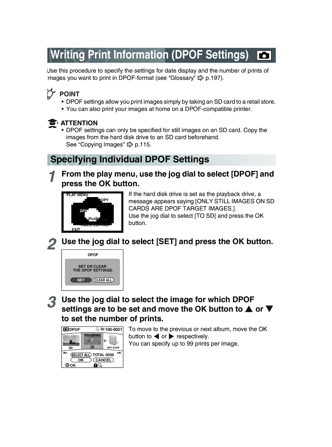 Toshiba GSC-R30 owner manual Spe c ifying Indivi dual Dpof Settings, Use the jog dial to select SET and press the OK button 