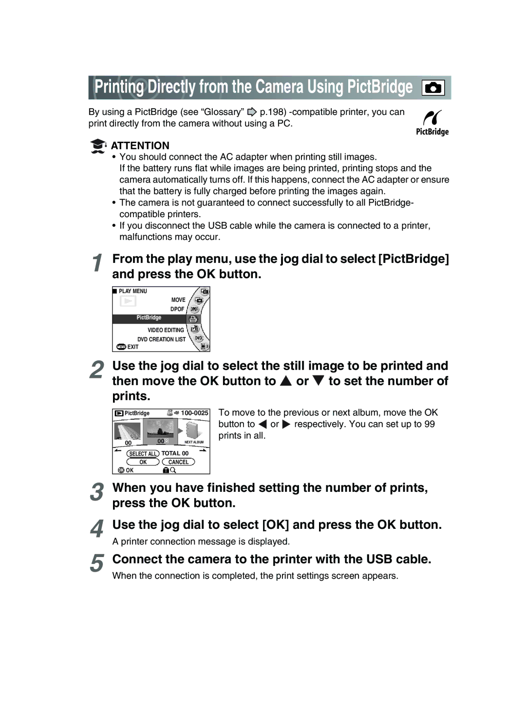 Toshiba GSC-R30 owner manual Printing Directly from the Camera Using PictBridge 