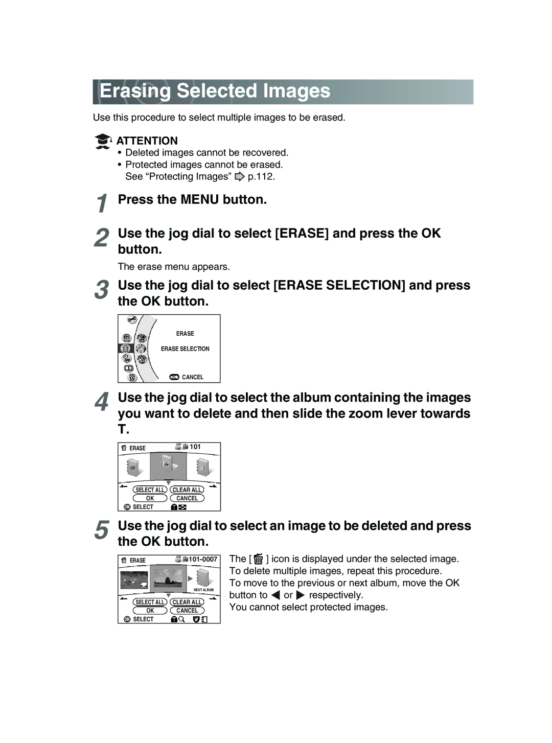 Toshiba GSC-R30 owner manual Erasing Selected Images 