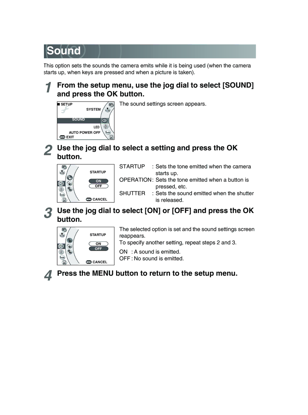 Toshiba GSC-R30 owner manual Sound, Press the Menu button to return to the setup menu 