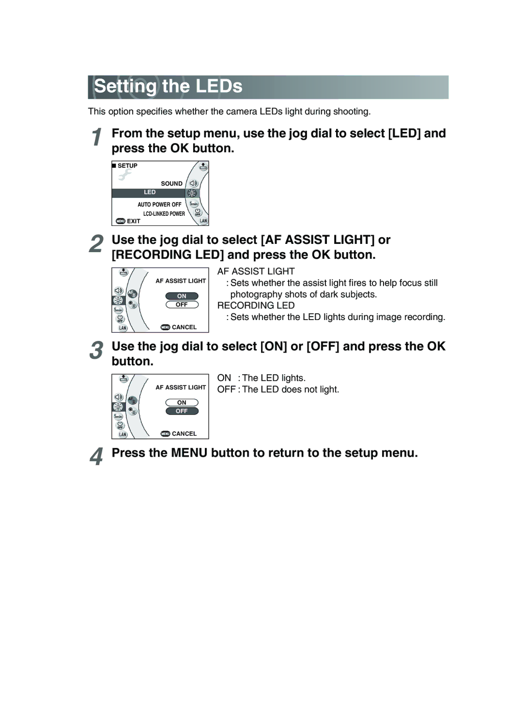 Toshiba GSC-R30 owner manual Setting the LEDs, AF Assist Light, Recording LED 