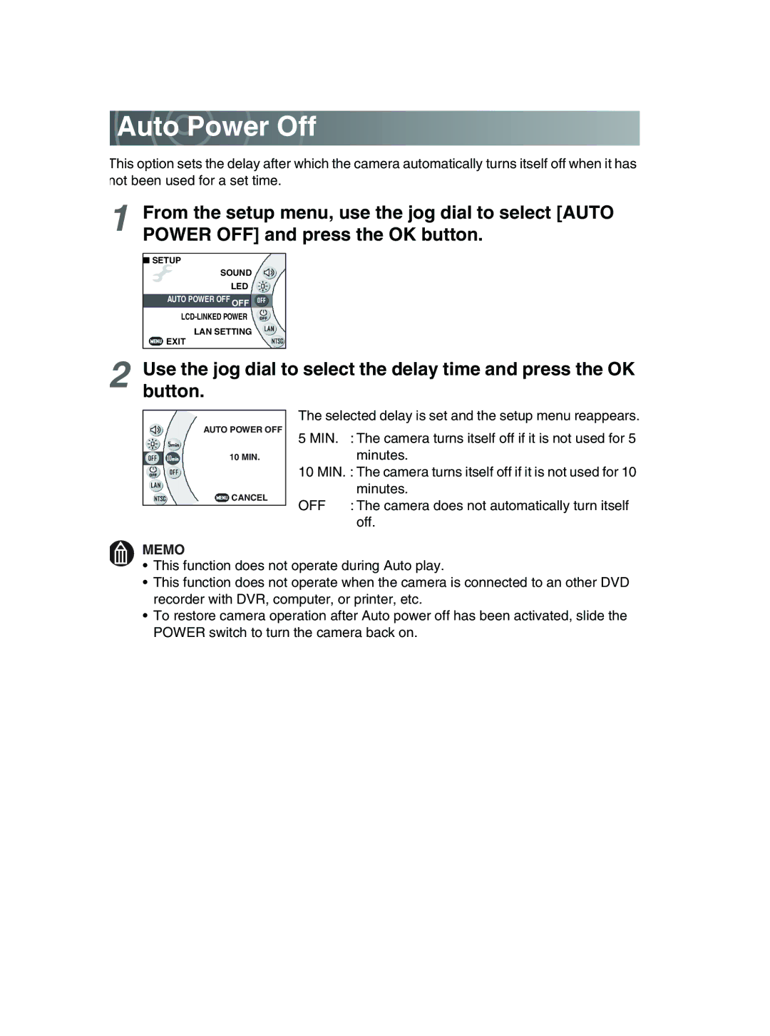 Toshiba GSC-R30 owner manual Auto Power Off 