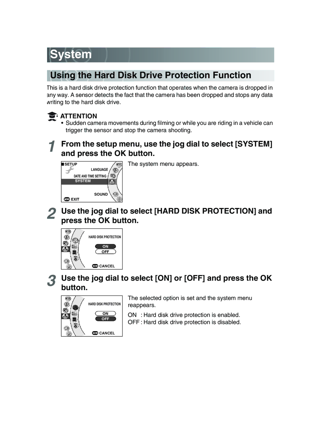 Toshiba GSC-R30 owner manual System, Us ing the Hard Disk Drive Protection Function 