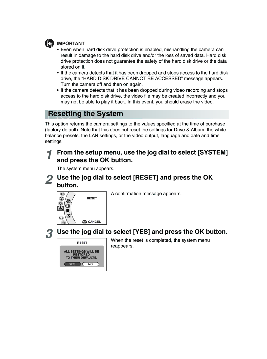 Toshiba GSC-R30 owner manual Re se tting the System, Use the jog dial to select Reset and press the OK button 