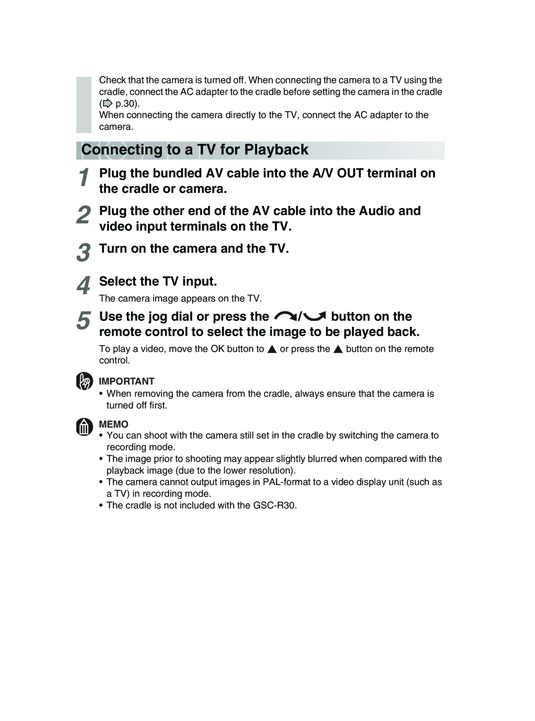 Toshiba GSC-R30 owner manual Connecting to a TV for Playback 