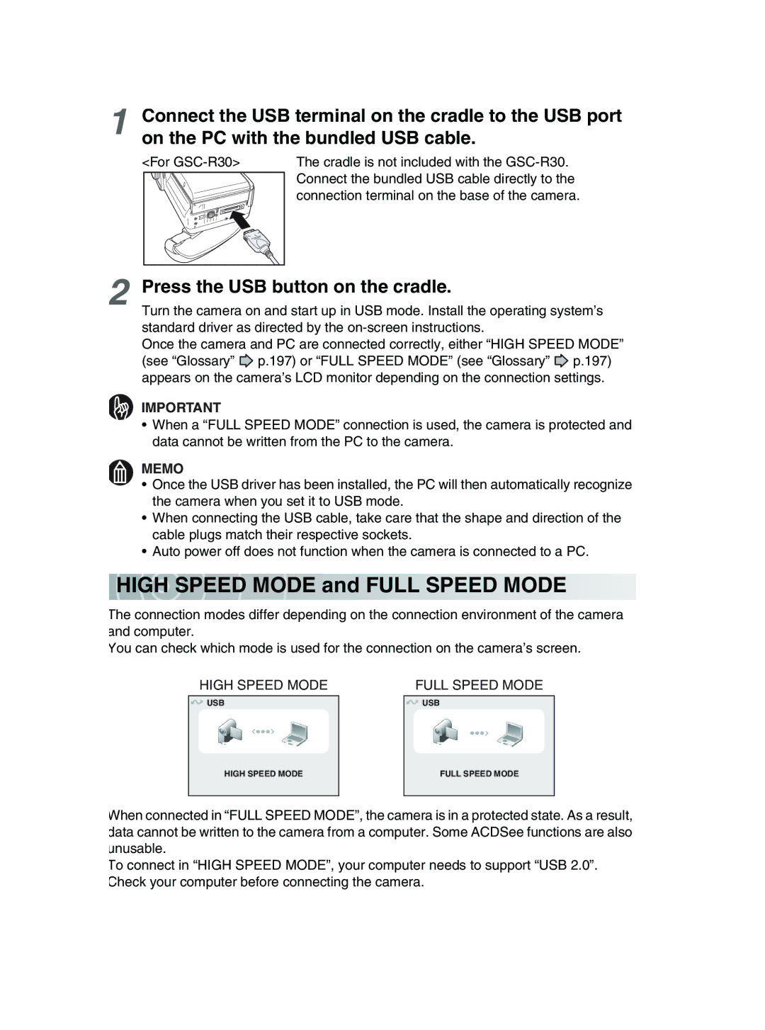 Toshiba GSC-R30 owner manual HIG H S Peed MO DE and Full Speed Mode, Press the USB button on the cradle 