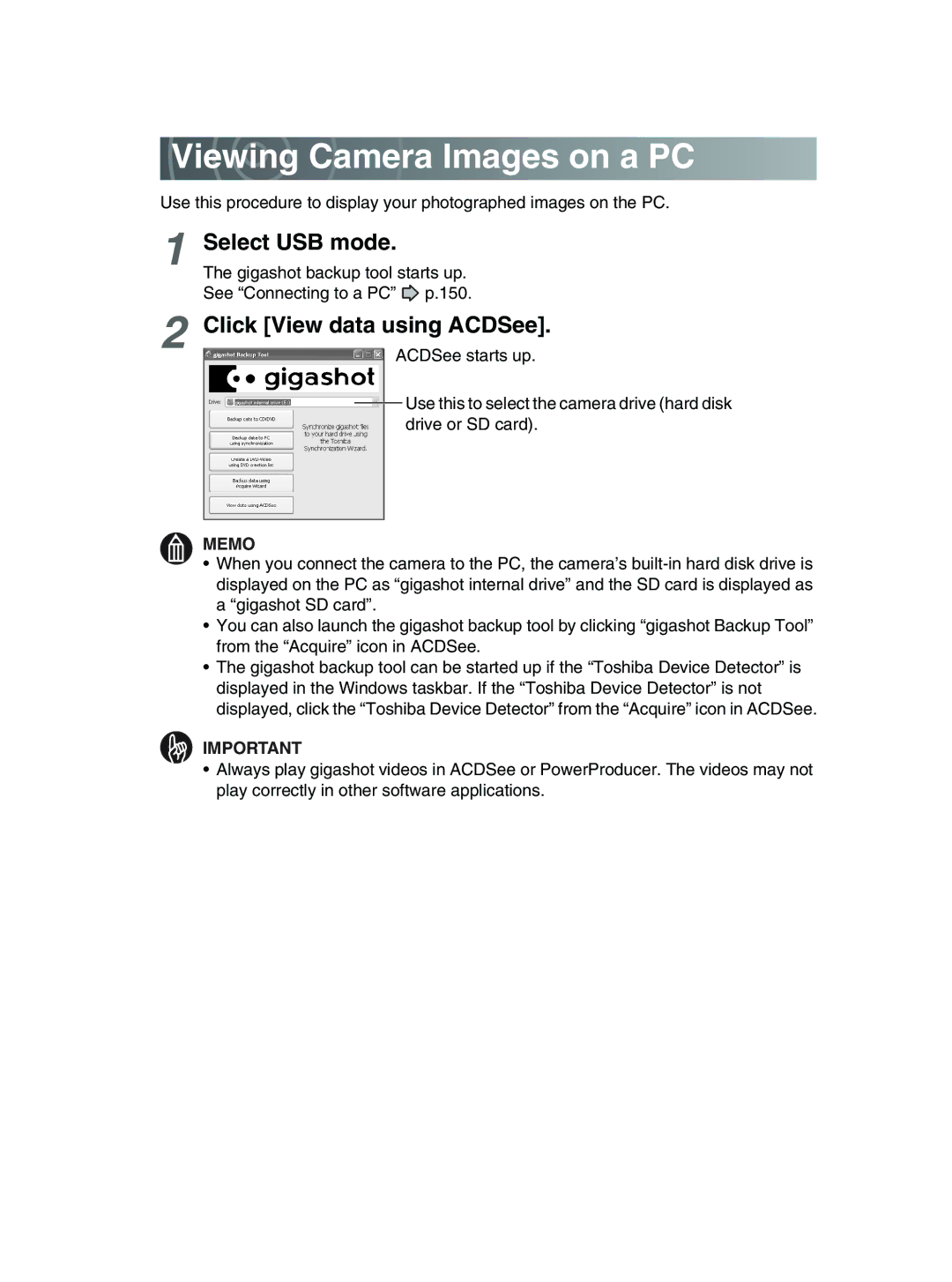 Toshiba GSC-R30 owner manual Viewing Camera Images on a PC, Select USB mode, Click View data using ACDSee 