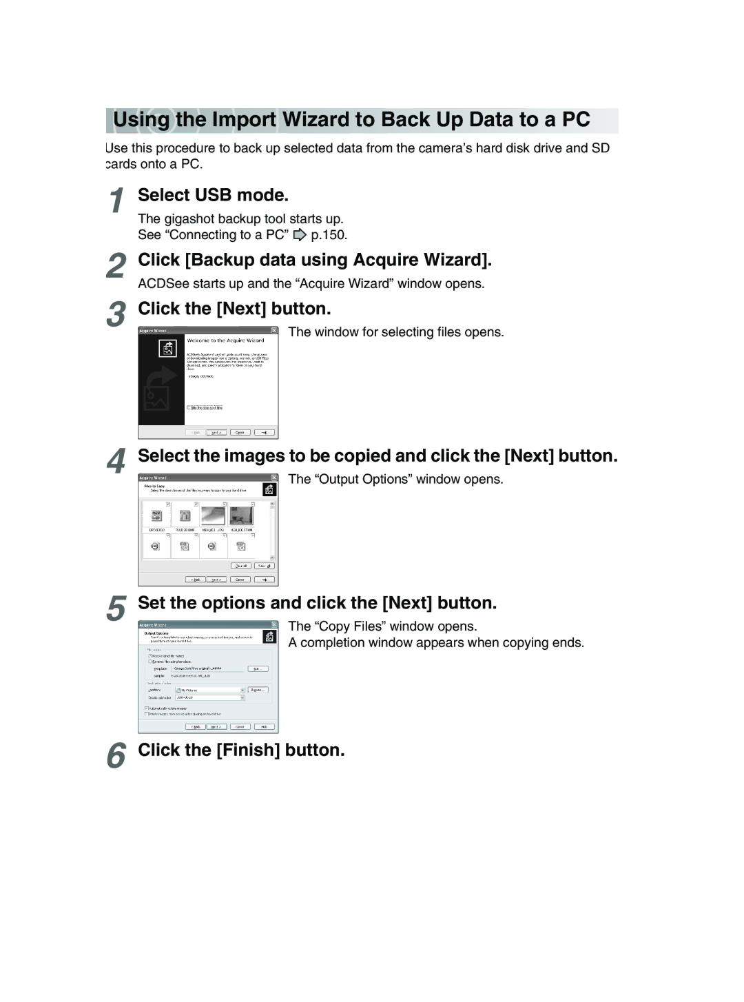 Toshiba GSC-R30 owner manual Us ing the Import Wizard to Back Up Data to a PC, Click Backup data using Acquire Wizard 