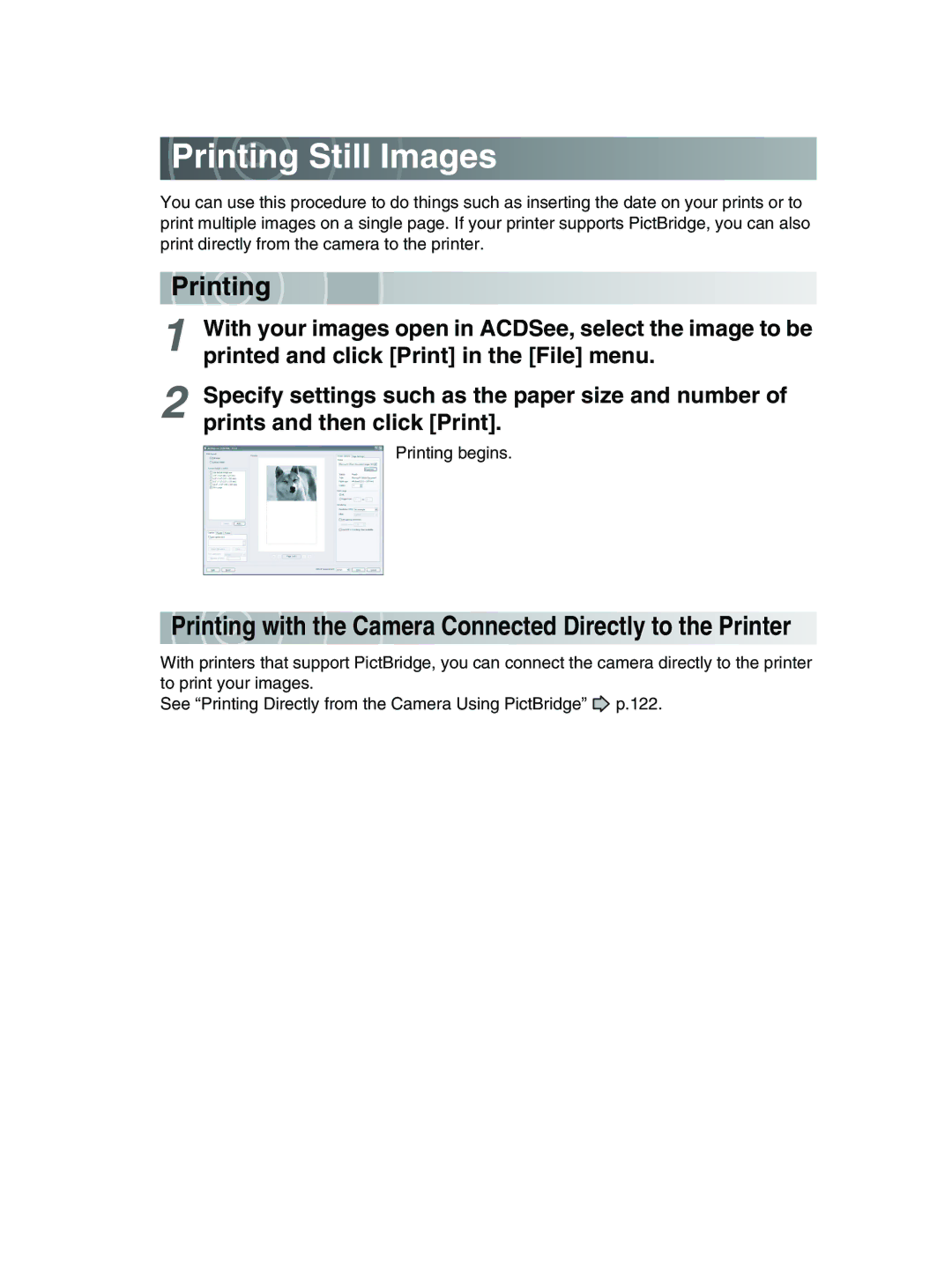 Toshiba GSC-R30 owner manual Printing Still Images, Printing with the Ca mera Connected Directly to the Printer, Print ing 