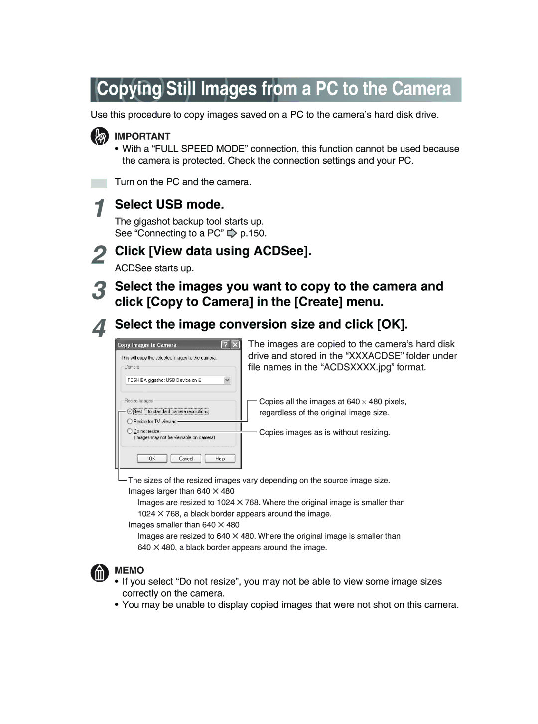 Toshiba GSC-R30 owner manual Copying Still Images from a PC to the Camera 