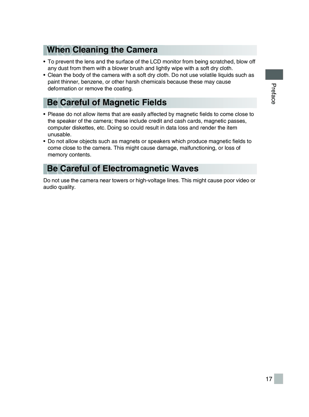 Toshiba GSC-R30 Whe n Cleaning the Camera, Be C arefu l o f Magnetic Fields, Be C arefu l o f Ele ctromagnetic Waves 