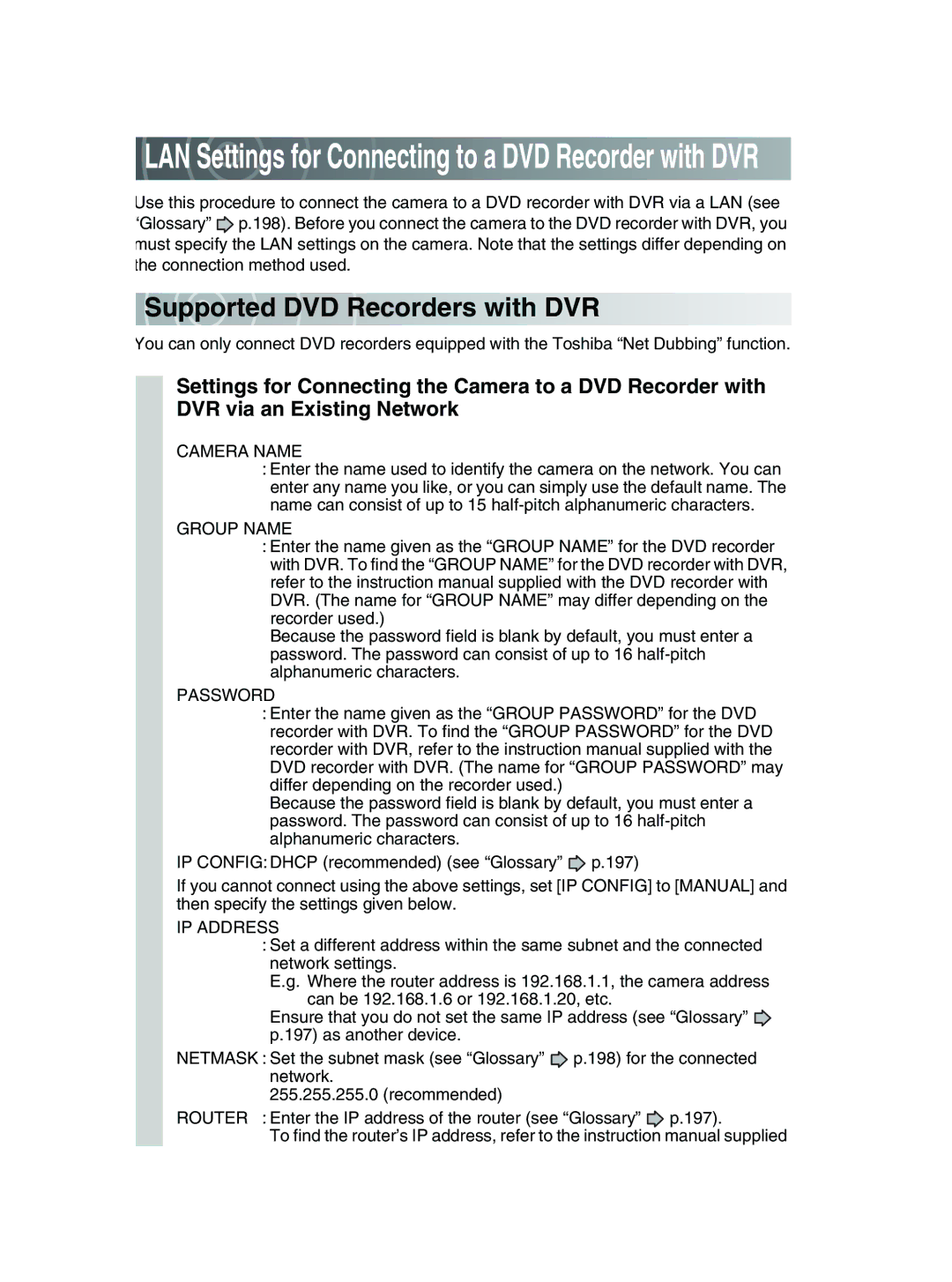 Toshiba GSC-R30 owner manual Su pported DVD Recorders with DVR, Camera Name, Group Name, Password, IP Address 