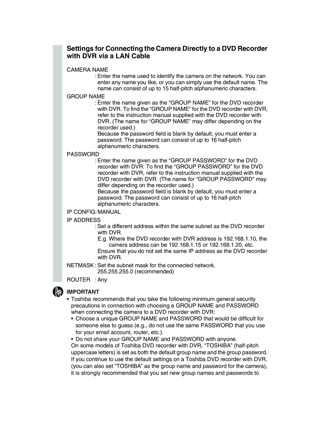 Toshiba GSC-R30 owner manual IP Config Manual IP Address 